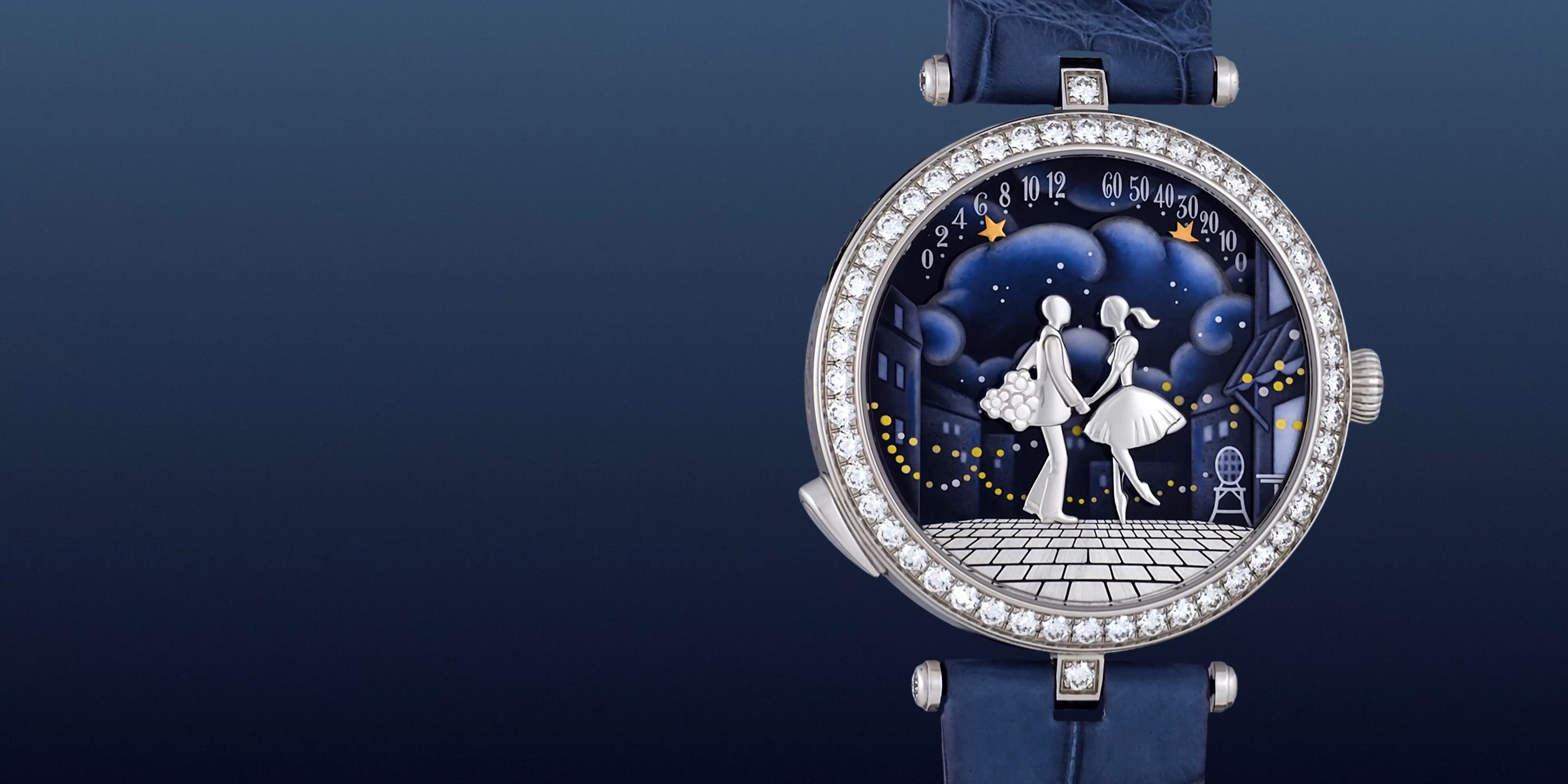 Lady Arpels Bal des Amoureux Automate watch. Rhodium plated 18K white gold, diamonds, enamel. Self-winding mechanical movement, retrograde, automaton and on-demand animation. Poetic Complications® collection, Van Cleef & Arpels.