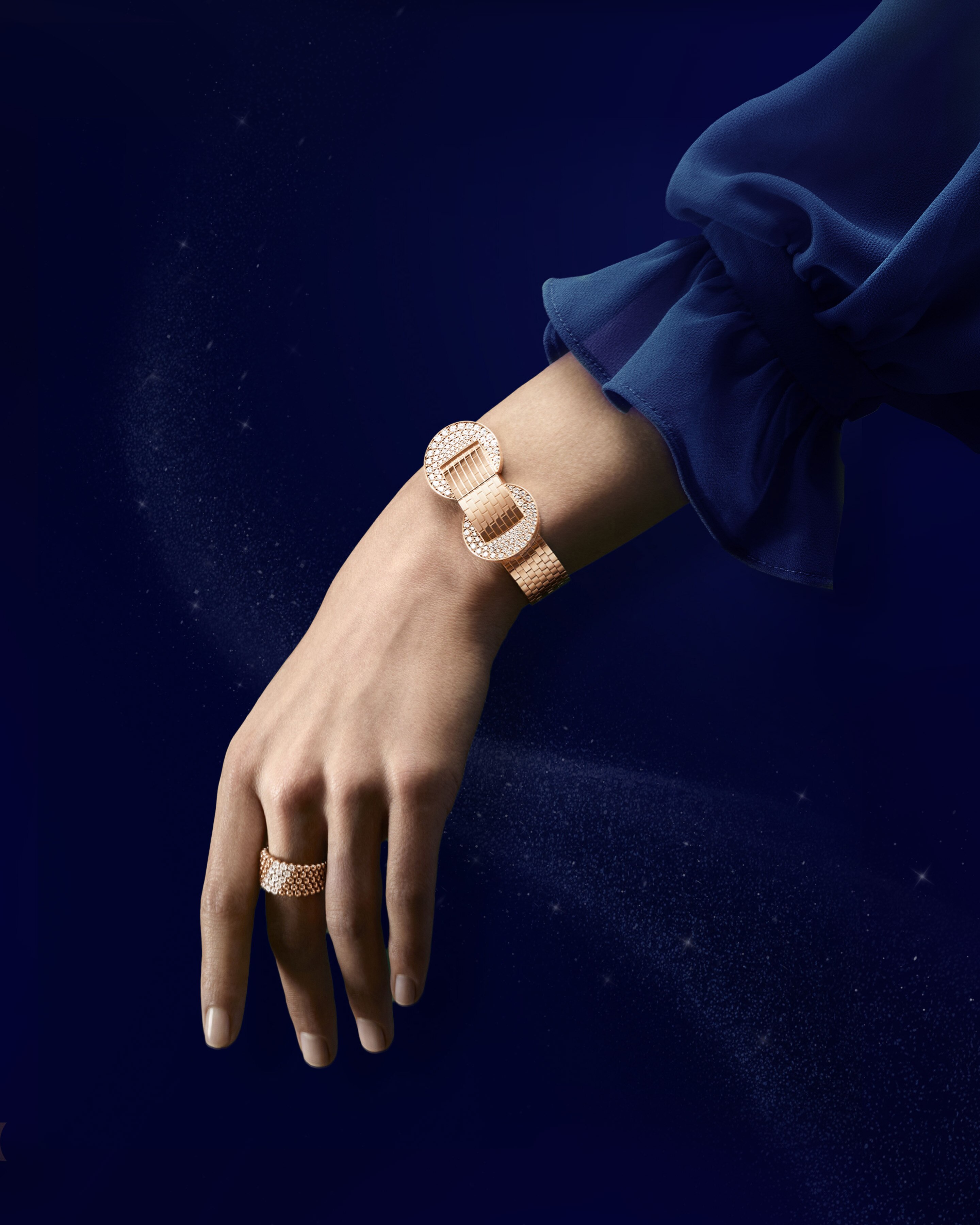 Ludo Secret watch, 18K rose gold, round diamonds, guilloché white mother-of-pearl, triple folding buckle, Swiss quartz movement. Perlée diamonds ring, 5 rows, 18K rose gold, diamonds. Ludo and Perlée collections, Van Cleef & Arpels.