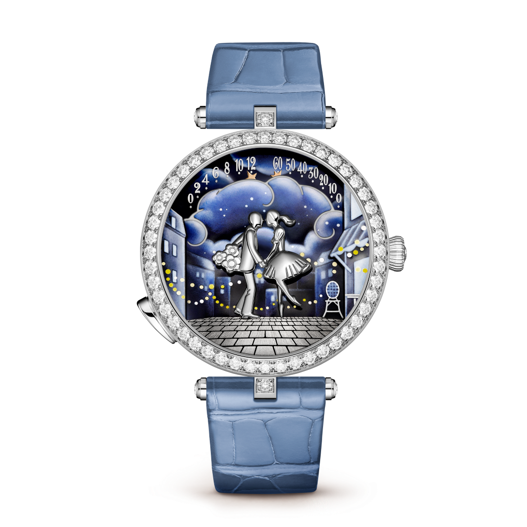 Lady Arpels Bal des Amoureux Automate watch. Rhodium plated 18K white gold, diamonds, enamel. Self-winding mechanical movement, retrograde, automaton and on-demand animation. Poetic Complications® collection, Van Cleef & Arpels.