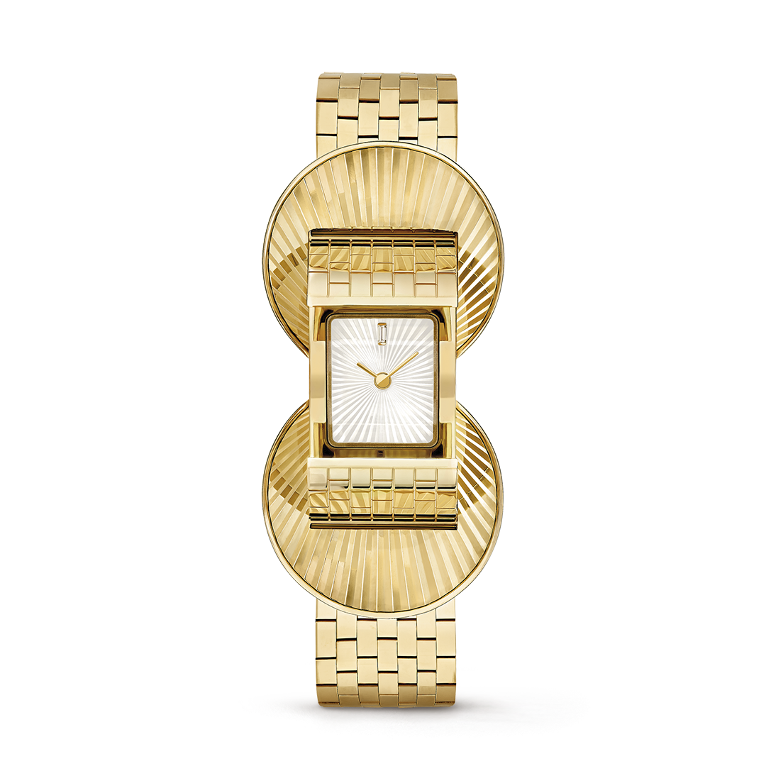 Ludo Secret watch, 18K guilloché yellow gold, round diamonds, guilloché white mother-of-pearl, triple folding buckle, Swiss quartz movement. High Jewelry watches collection, Van Cleef & Arpels.
