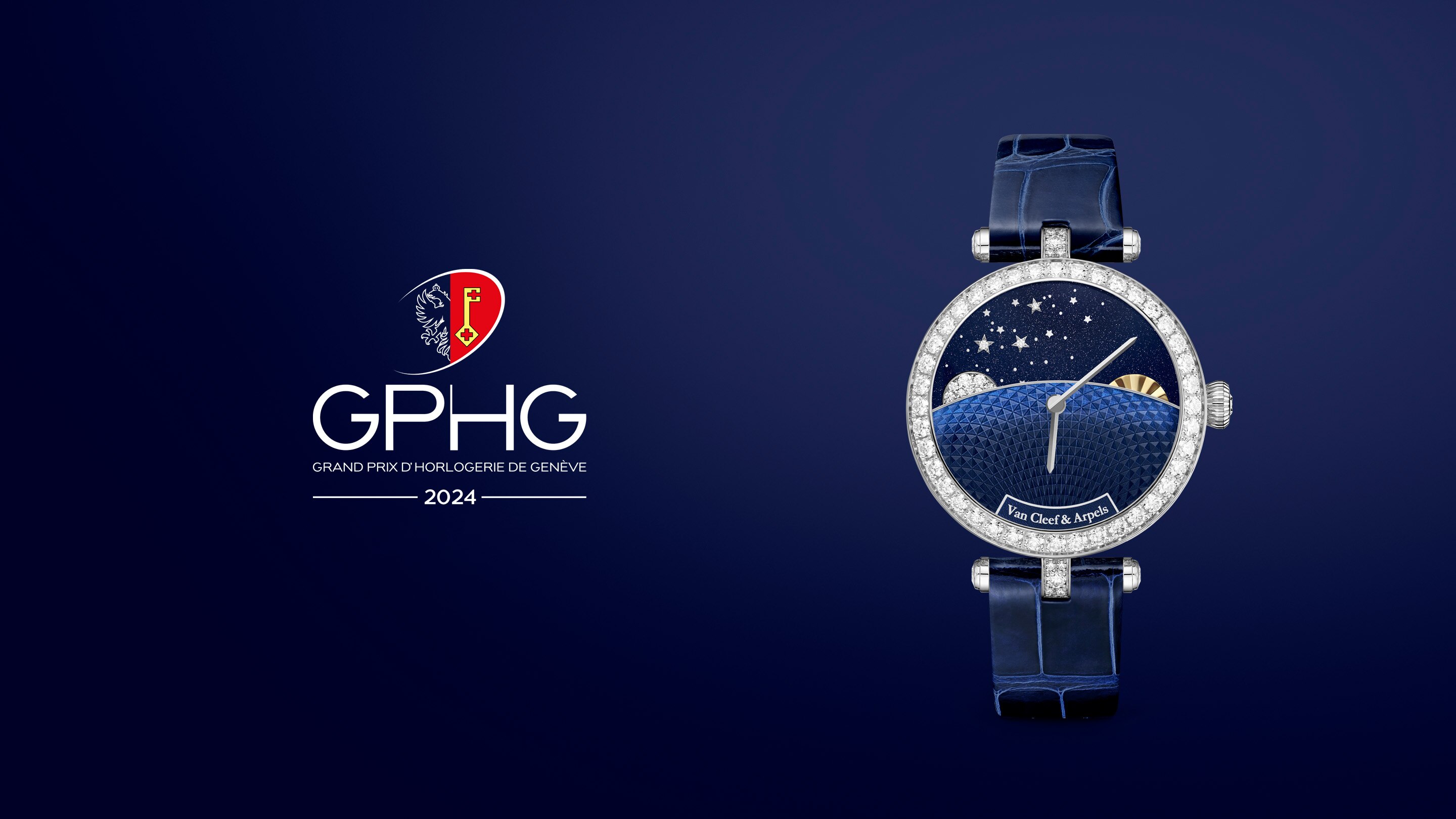 Lady Jour Nuit watch, rhodium plated 18K white gold, 18K yellow gold, diamonds, aventurine glass, blue-painted white mother-of-pearl, self-winding mechanical movement with 24h module. Poetic Complications® collection, Van Cleef & Arpels.