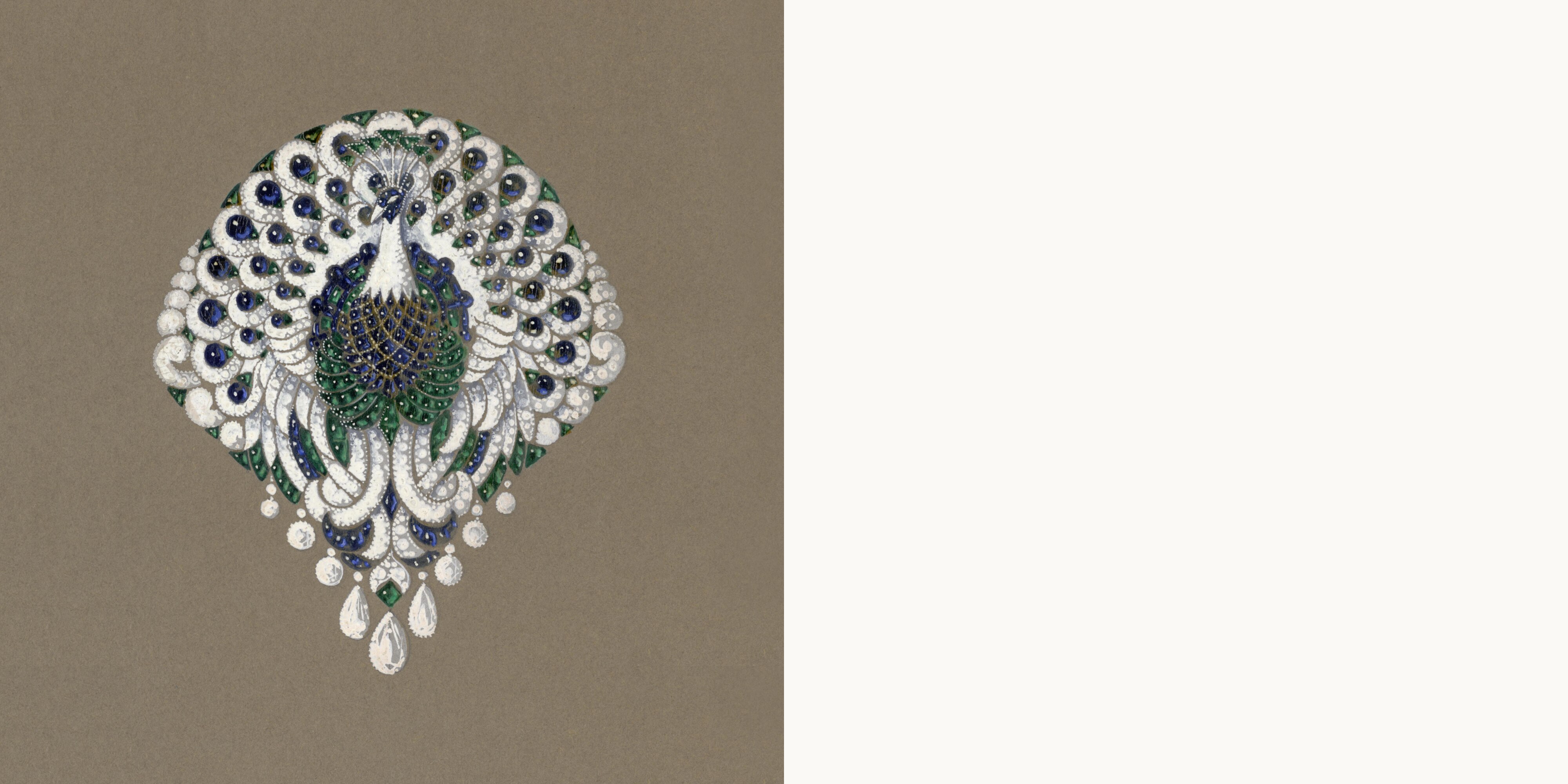 Léon Hatot (1883-1953). Drawing of a ‘‘Peacock’’ brooch, circa 1920. Pencil and gouache on cardboard. Van Cleef & Arpels Jewelry Culture Fund.