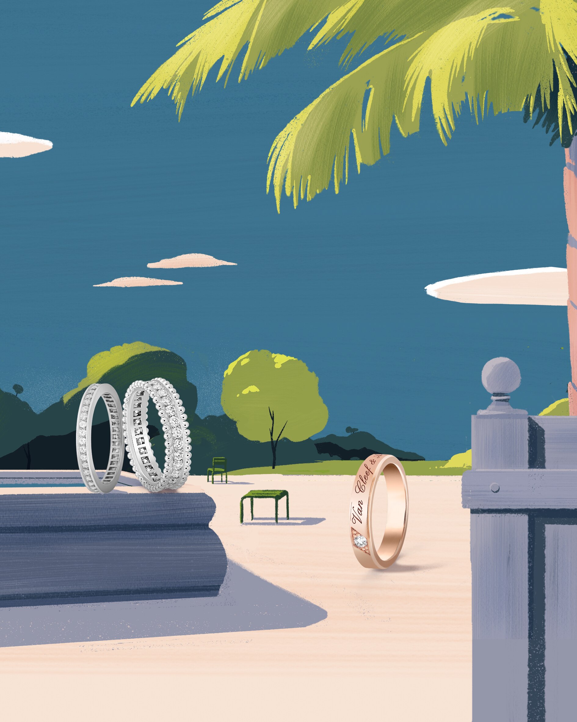 Romance wedding band, 2.1 mm, platinum, round diamonds, Toujours Signature Etoiles wedding band, 4 mm, 18K rose gold, one round diamond and Estelle wedding band, platinum, round diamonds. Bridal collection, Van Cleef & Arpels.