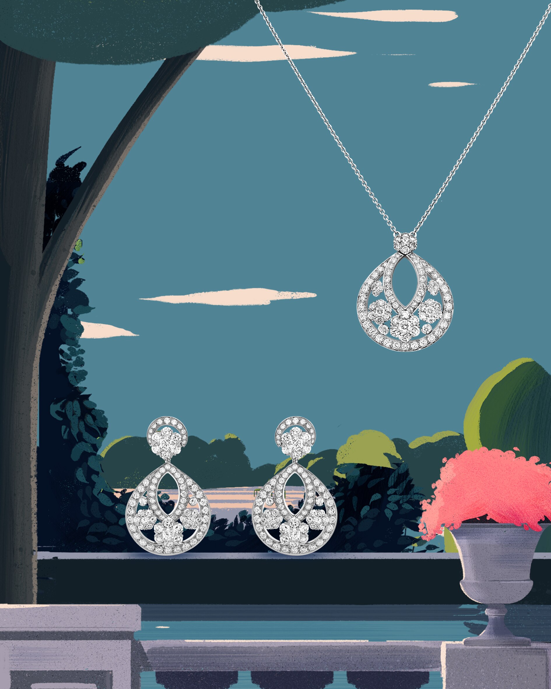 Snowflake earrings, small model, platinum, rhodium plated 18K white gold, diamonds and Snowflake pendant, small model. Platinum, diamonds. Snowflake collection, Van Cleef & Arpels.