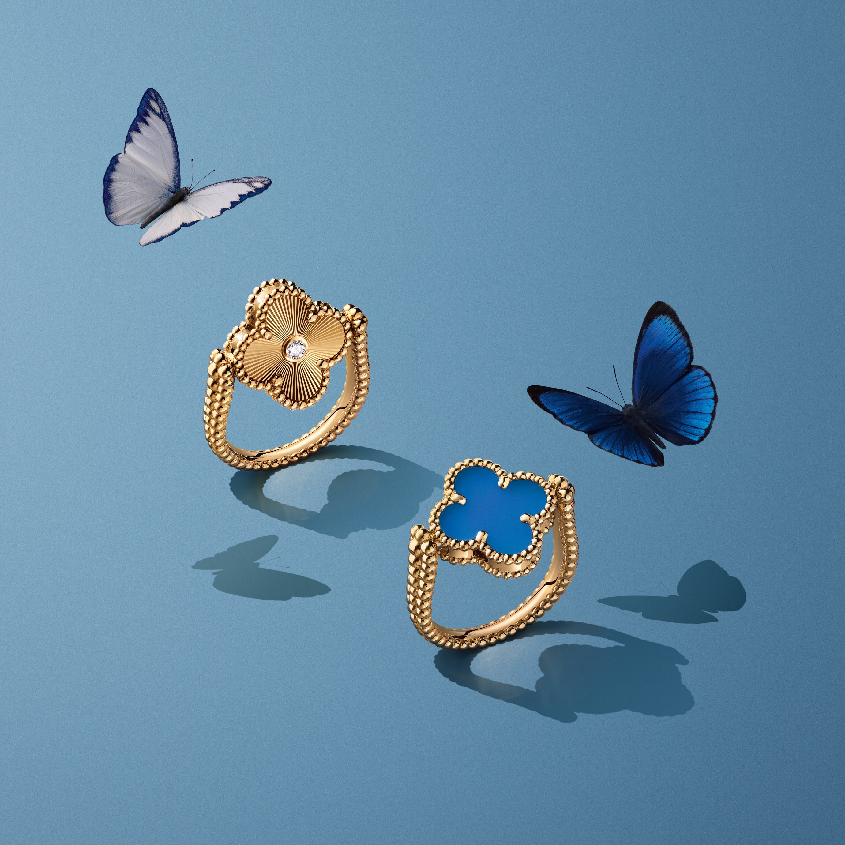 Vintage Alhambra® reversible ring, guilloché 18k yellow gold, blue agate, diamond. Alhambra® collection, Van Cleef & Arpels.