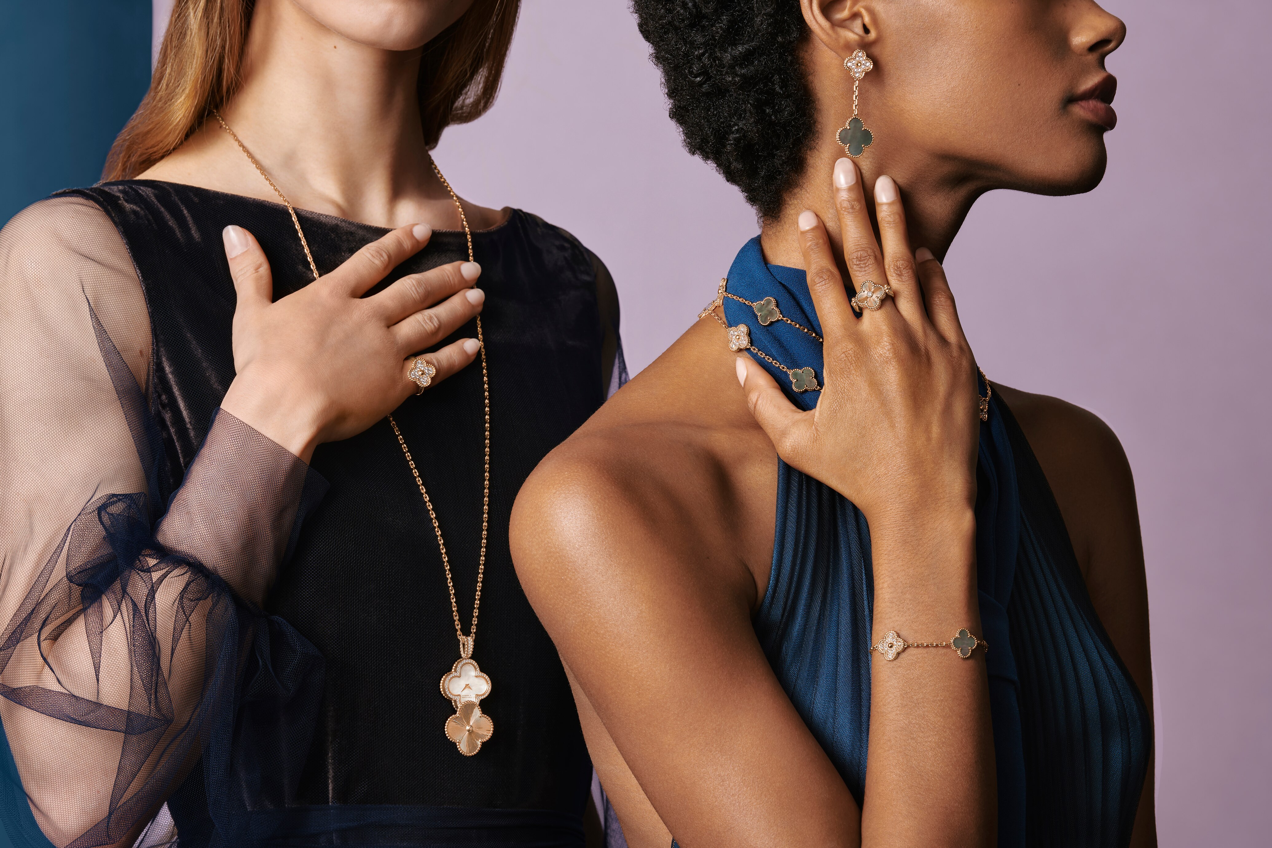 Magic Alhambra® 2 motifs earrings, Vintage Alhambra® 20 motifs long necklace and 5 motifs bracelet, 18K rose gold, gray mother-of-pearl, diamonds. Vintage Alhambra® reversible ring, guilloché 18K rose gold, carnelian, diamond. Alhambra® secret pendant watch, 18K rose gold, diamonds, white mother-of-pearl, quartz movement. Alhambra® collection, Van Cleef & Arpels.