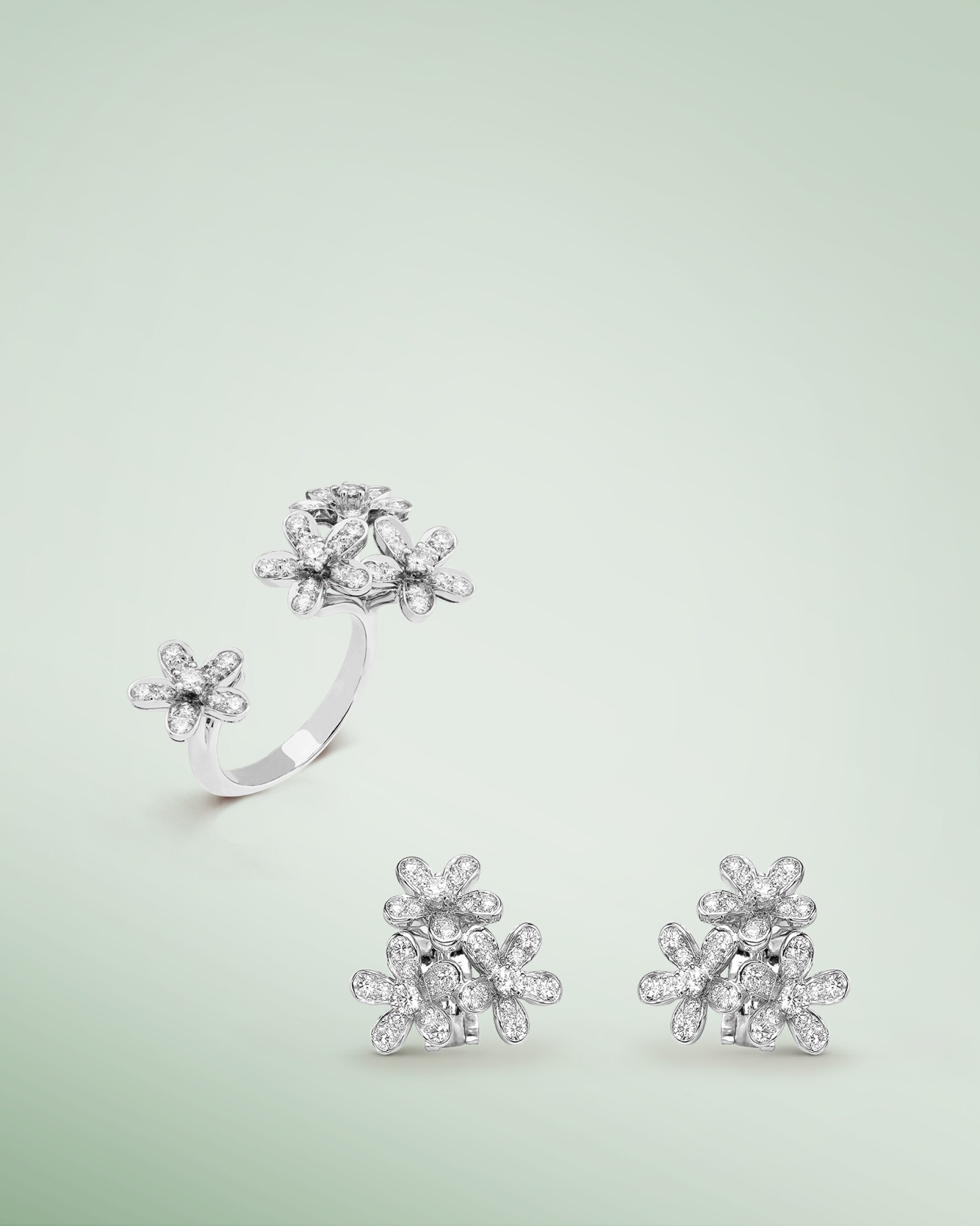 Socrate collection, earrings and ring, white gold and diamonds, cover, Van Cleef & Arpels
