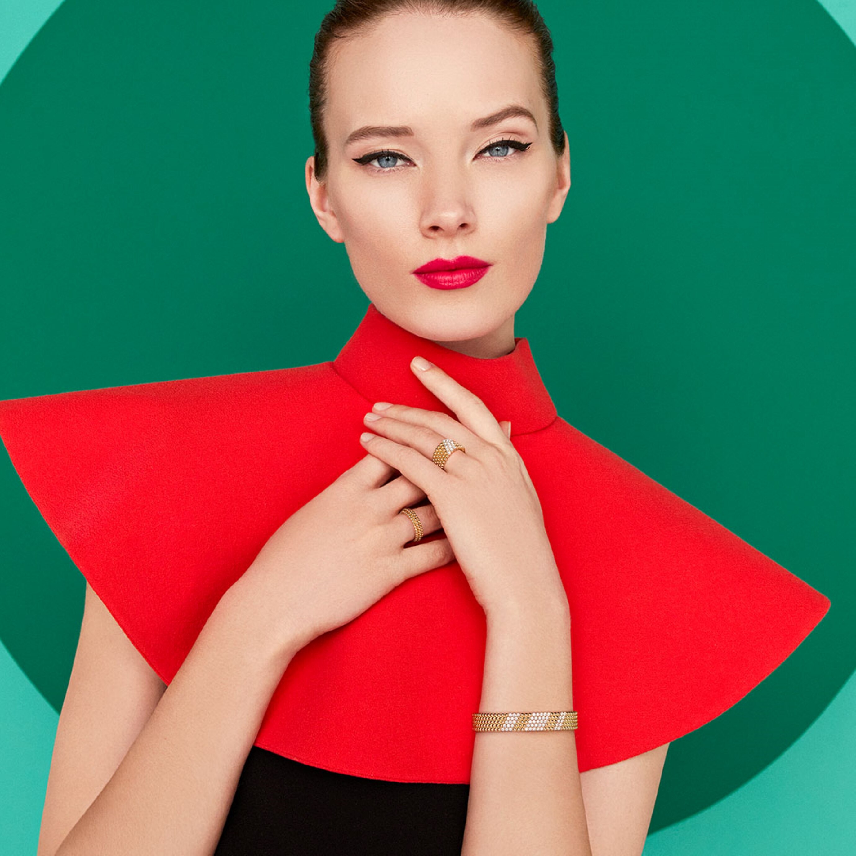 Perlée diamonds bracelet and ring, 5 rows, 18K yellow gold, diamonds. Perlée pearls of gold ring, 3 rows, 18K yellow gold. Perlée® collection, Van Cleef & Arpels.