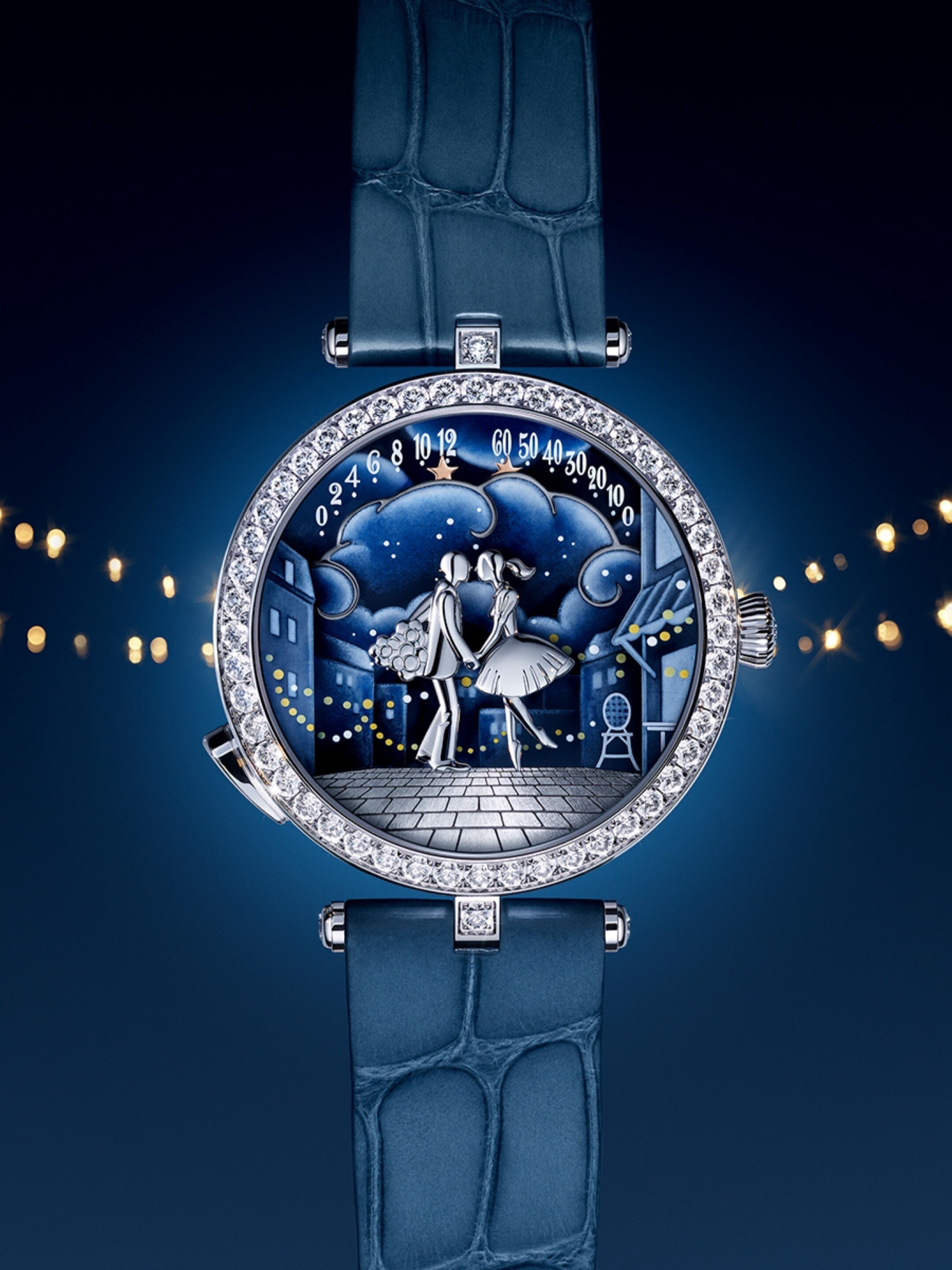 Lady Arpels Bal des Amoureux Automate watch. Rhodium plated 18K white gold, diamonds, enamel. Self-winding mechanical movement, retrograde, automaton and on-demand animation. Poetic Complications® collection, Van Cleef & Arpels.