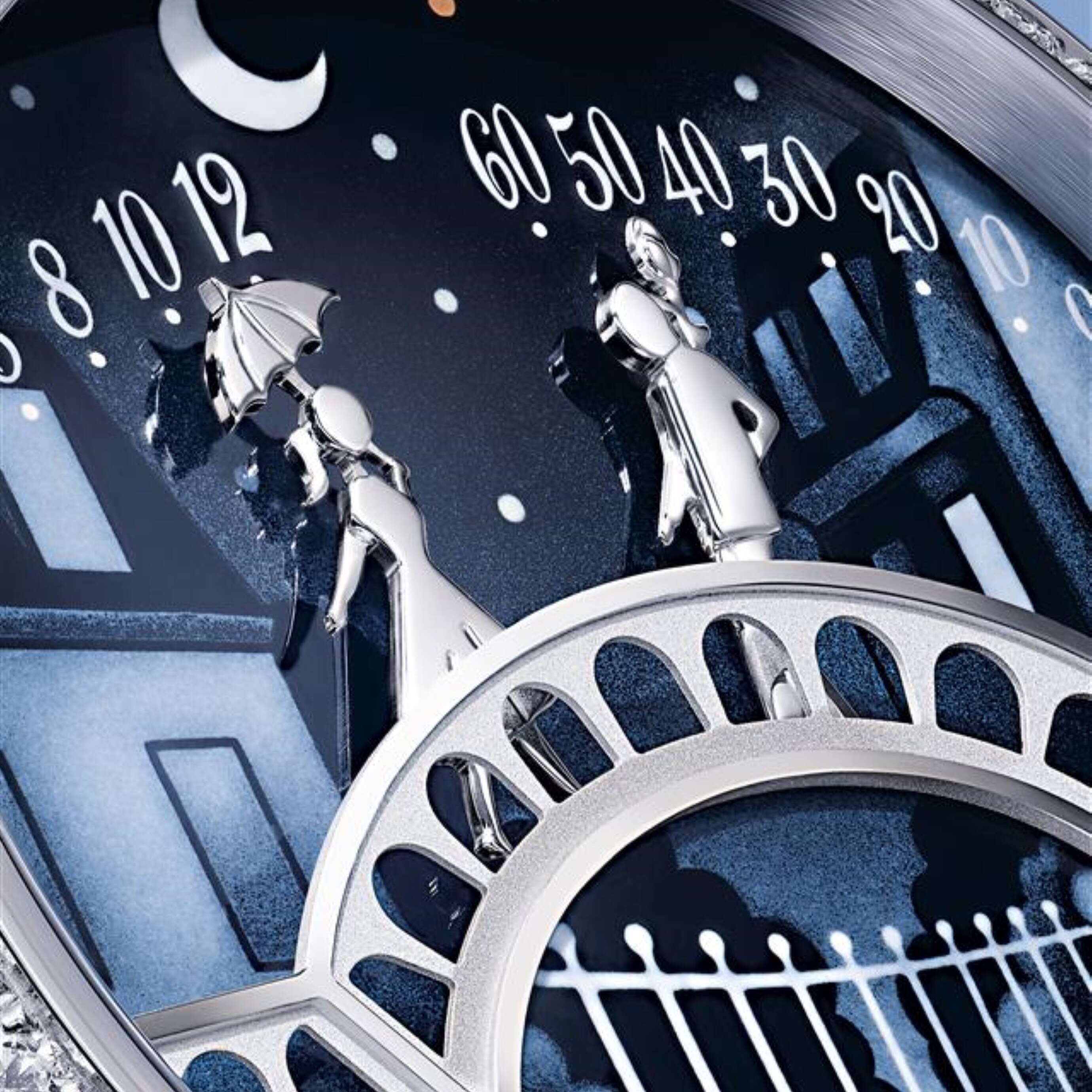 Lady Arpels Pont des Amoureux watch. Rhodium plated 18K white gold, diamonds, enamel, self-winding mechanical movement, retrograde and on-demand animation. Poetic Complications® collection, Van Cleef & Arpels.