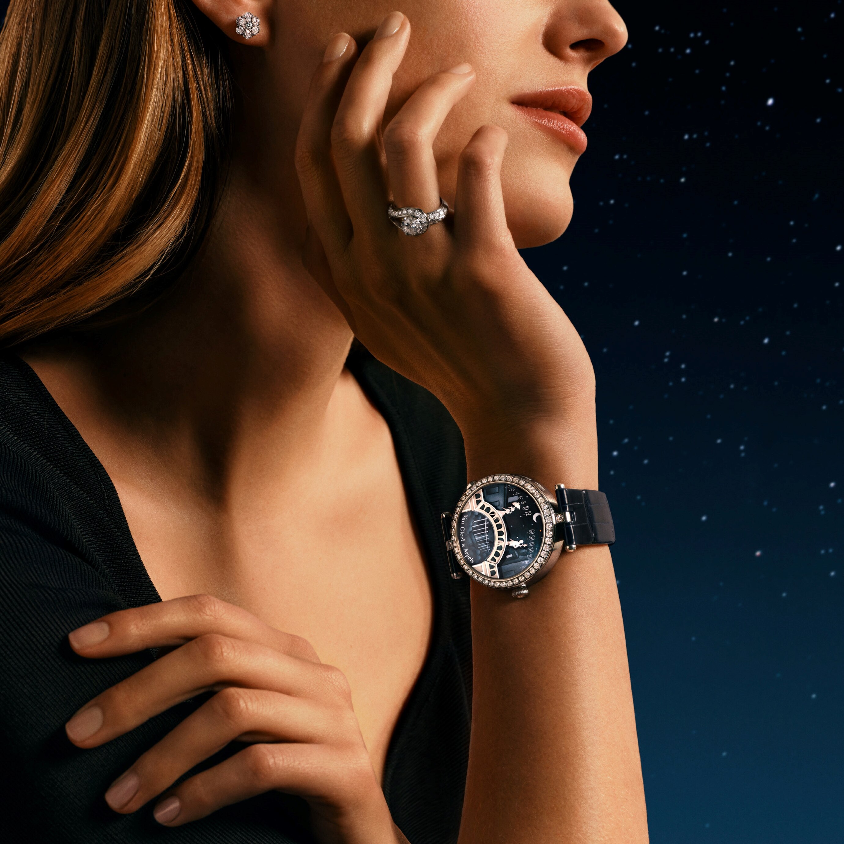 Lady Arpels Pont des Amoureux watch. Rhodium plated 18K white gold, diamonds, enamel, self-winding mechanical movement, retrograde and on-demand animation. Poetic Complications® collection, Van Cleef & Arpels.