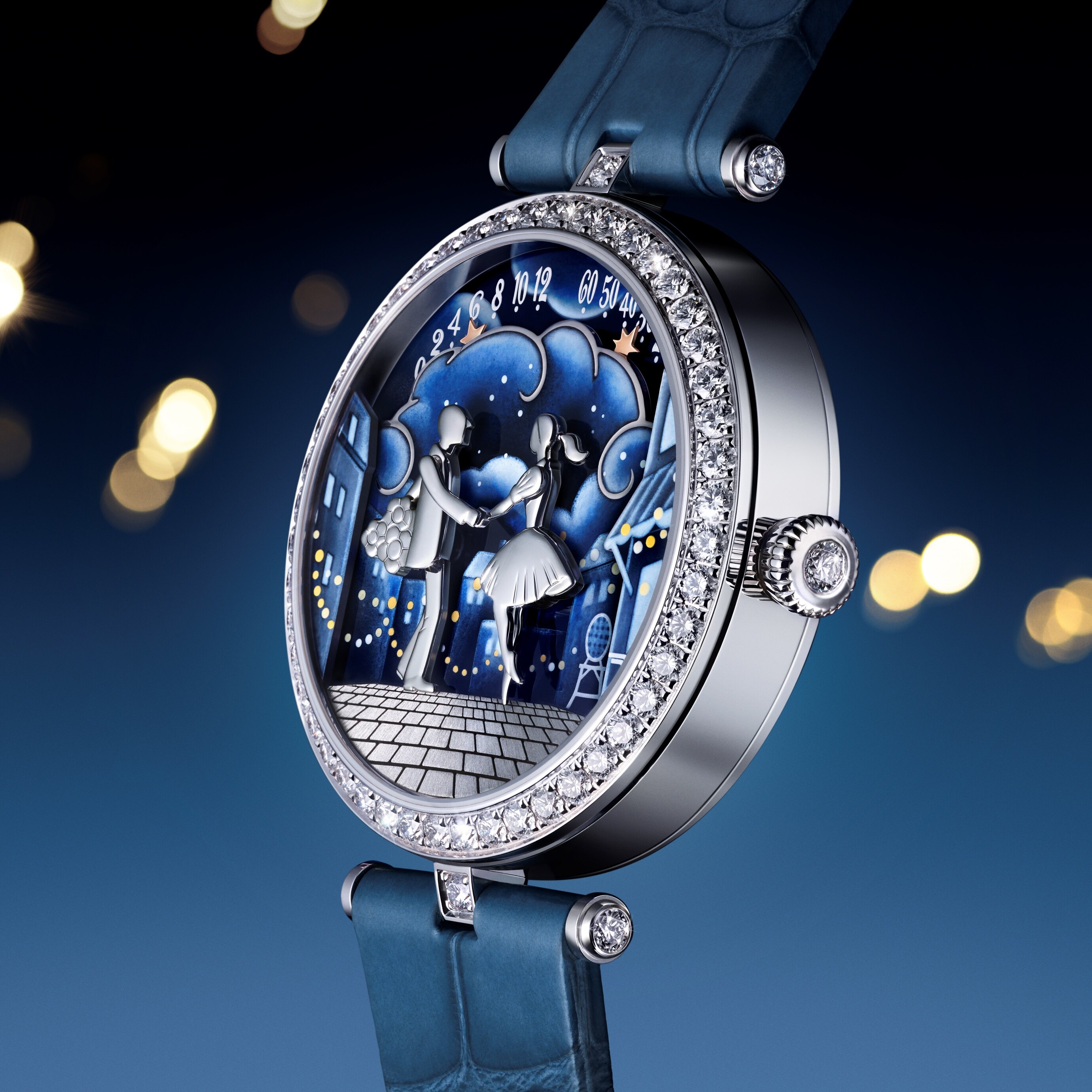 Lady Arpels Bal des Amoureux Automate watch. Rhodium plated 18K white gold, diamonds, enamel. Self-winding mechanical movement, retrograde, automaton and on-demand animation. Poetic Complications® collection, Van Cleef & Arpels.